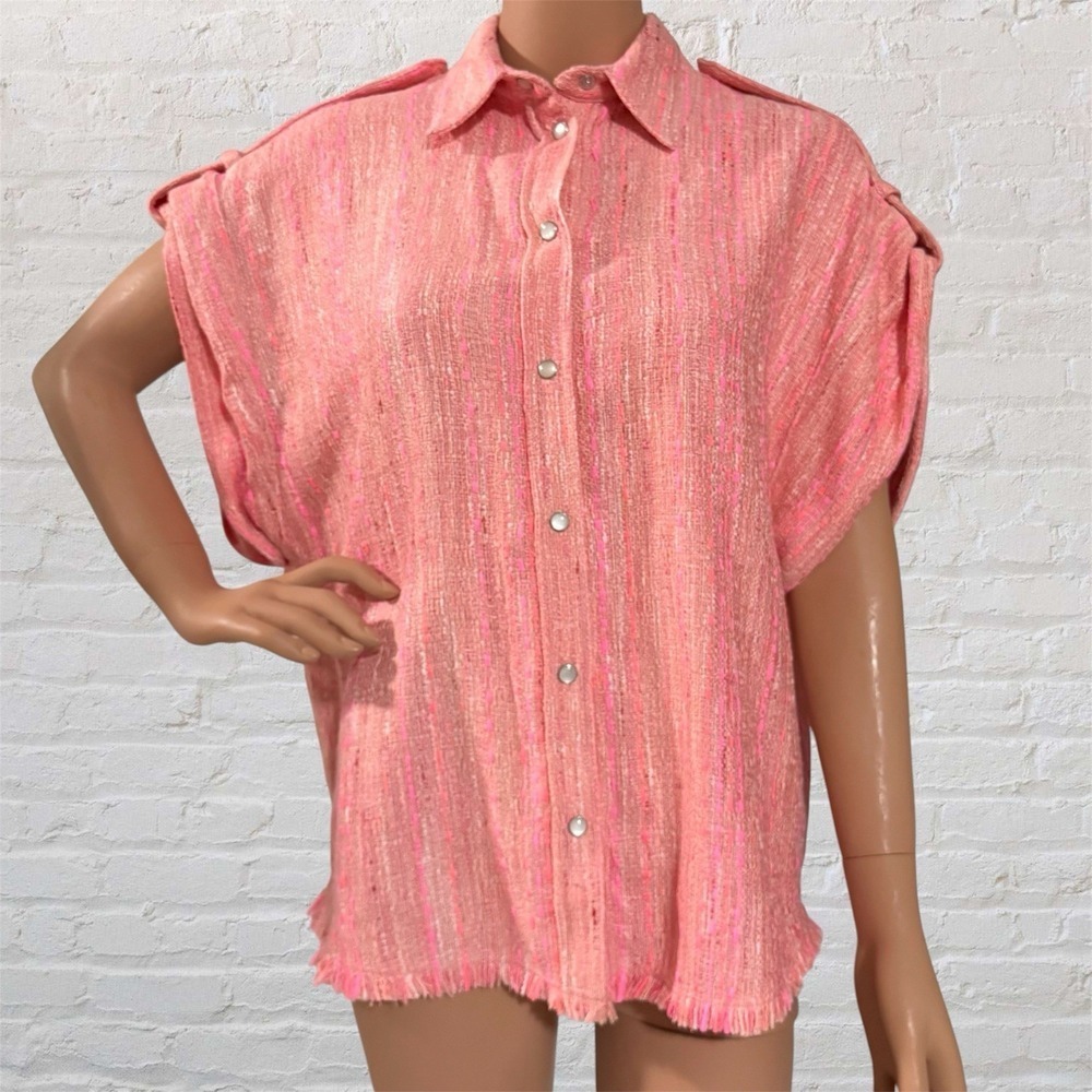 IRO Paris Shirt Womens 32 Fahs Tweed Coral Pink Shoulder Epaulets Fringed Hem